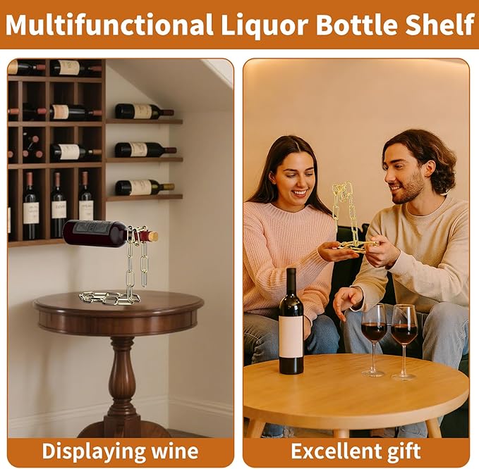TBWHL Novelty Magic Wine Bottle Holder Floating Steel Link Chain Wine Bottle Rack/Holder - Holds Bottles in The Air, Unique Levitating Wine Bottle Stand for Home Bar, Kitchen, or Party Deco（Gold）