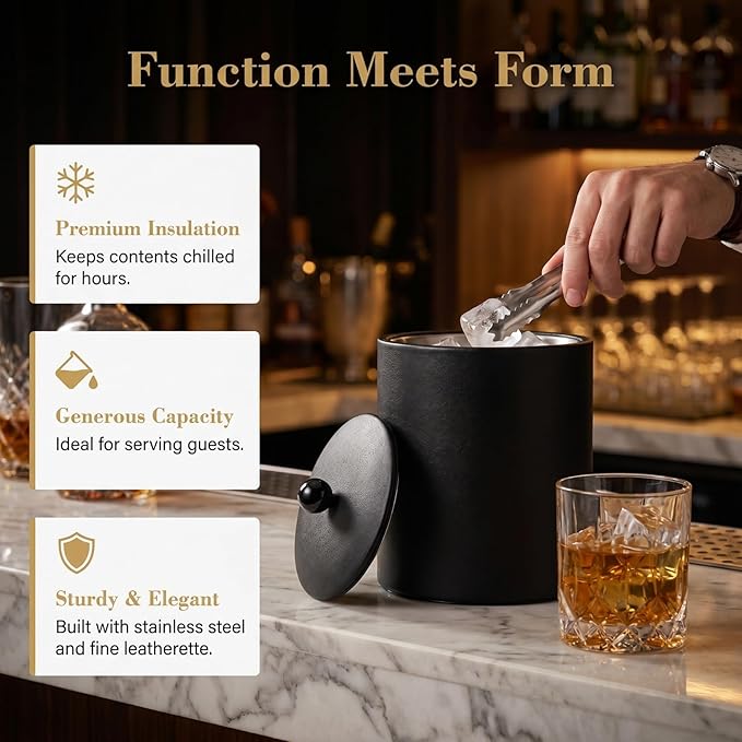 NUOBESTY Stainless Steel Ice Bucket with Lid and Tongs, Black Wine Chiller and Bubbly Cooler Beverage Serving Bucket for Bar Party, Cocktail Station, Home Entertaining (7.28 x 5.51 in)