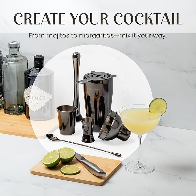 Modern Mixology Pro-Graded Cocktail Shaker Set with Stand | Complete Bartender Kit | 24oz Martini Shaker, Jigger, Strainer, Bar Spoon, Tongs, Opener, Muddler, Home Bar Essentials
