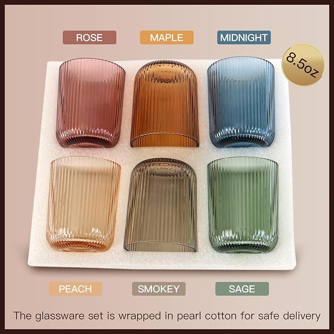 8.5 oz Drinking Glasses, Colored Highball Glasses Set of 6, Ribbed Glassware Glass Cups, Water Glasses for Juice, Iced Coffee Cups, Cocktail Glasses