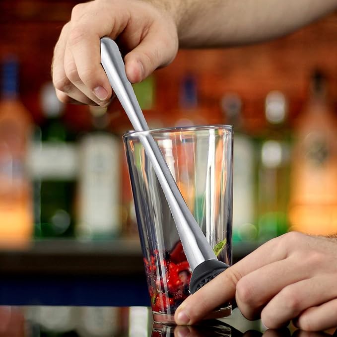Long Handle Stainless Steel 29cm/11.42in Muddler Bar Tool Cocktail Muddler Fruit Mixer DIY Drink Wine Barware Tool, Silver