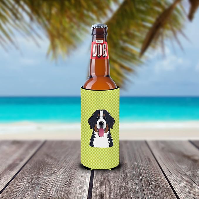 Checkerboard Lime Green Bernese Mountain Dog Ultra Beverage Insulators slim cans
