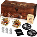 Mixology & Craft Whiskey Stones Gift Set - 12 Pieces (6 Granite Chilling Rocks, 2 10oz Old Fashioned Glasses, Coasters & Velvet Bag) In Wooden Box - Whiskey Gifts For Men, Whiskey Lover, Whiskey Set