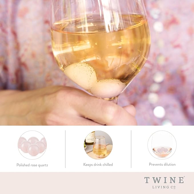 Twine Rose Quartz Wine Gems, Pink Drink Chillers, Real Polished Rose Quartz Stone Spheres, Whiskey Stones, Pink, Set of 6