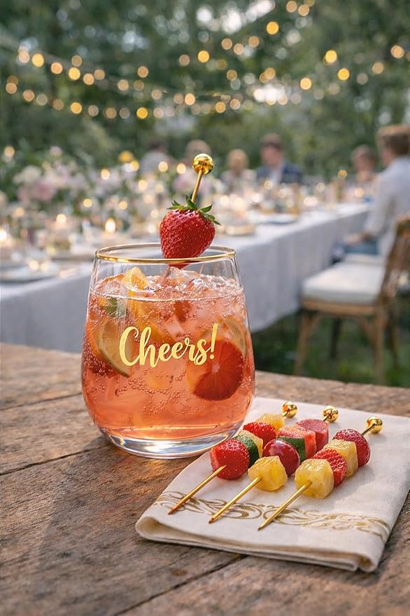 Plastic Wine Glasses Stemless Disposable 12 oz with Gold Rim - 30 Guests Party Drinkware Set, 30 Plastic Cups, 30 Napkins & 50 Cocktail Picks - BPA-Free, Shatterproof, Reusable, Recyclable