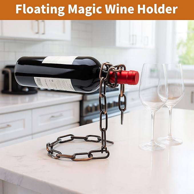 TBWHL Novelty Magic Wine Bottle Holder Floating Steel Link Chain Wine Bottle Rack/Holder - Holds Bottles in The Air, Unique Levitating Wine Bottle Stand for Home Bar, Kitchen, or Party Deco（Brown）