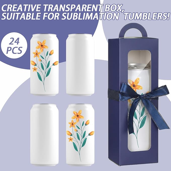 Ctosree 24 Pcs Navy Blue Tumbler Gift Box with Handle for 12oz 16oz 20oz 30oz Clear Wine Glass Gift Box Sublimation Tumblers Heat Press Blanks Bottle for Christmas Wrapping Packaging
