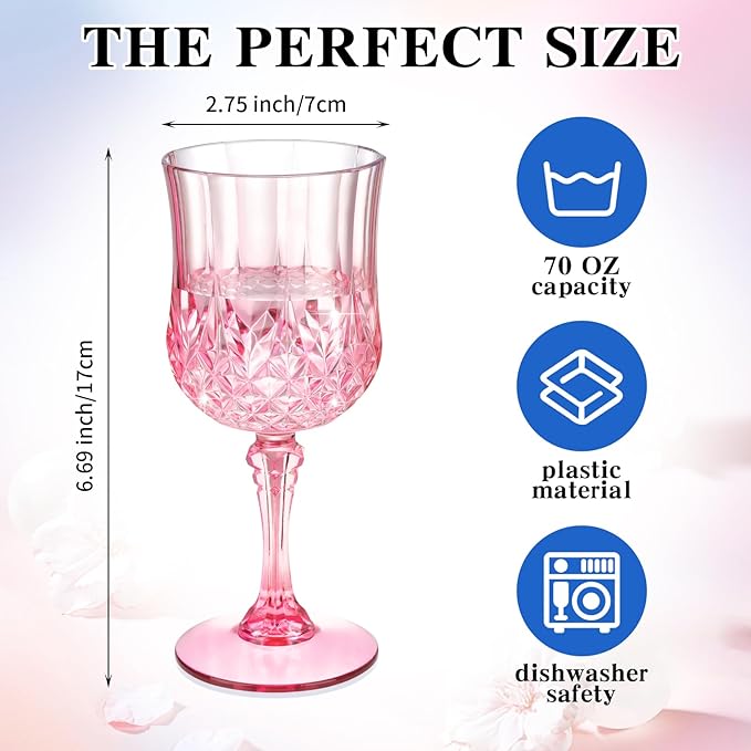 7OZ Plastic Wine Glasses, Disposable Goblets Drinking Glasses Crystal Vintage Water Cups Unbreakable Champagne for Wedding, Parties, Valentine's Day (Pink)
