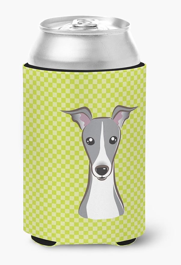 Caroline's Treasures BB1298CC Checkerboard Lime Green Italian Greyhound Can or Bottle Hugger Cooler Washable Drink Sleeve Collapsible Beverage Insulated Holder, Can Hugger, Multicolor