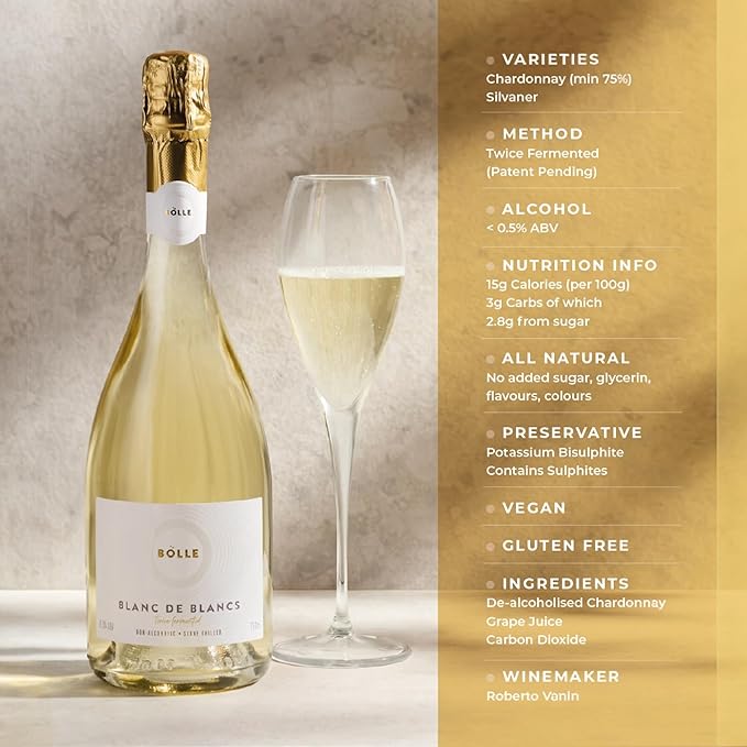 BOLLE Blanc de Blancs - Non Alcoholic Wine - Premium Alcohol Free Sparkling White Wine with Bright Citrus Freshness, Award Winning Champagne Alternative, Champagne Style - 750ml