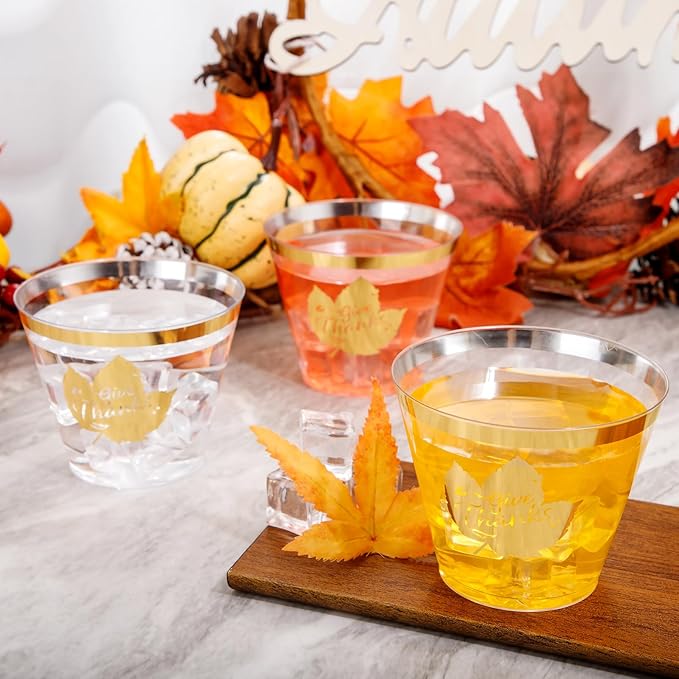 DaYammi 60Pcs Thanksgiving Gold Plastic Cups 9 Oz Gold Rimmed Clear plastic Cups gold Thanksgiving Disposable Party Cups Plastic Drinking Cup Cocktail Glasses Disposable Wine Glasses