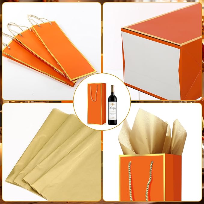 TaoBary 50 Pack Wine Gift Bags and Gold Wrapping Paper Set Wine Bags for Bottle Bulk 4 x 5 x 13 Inch Champagne Gift Paper Sack with Handles for Christmas Appreciation Wedding Anniversary (Orange)