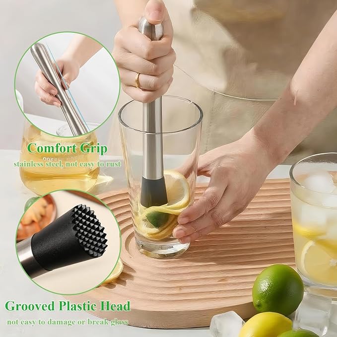 6Pcs Muddler for Cocktail Set - 304 Stainless Steel Muddler Cocktail Spoon Jigger Straw Cleaning Brush, Ice Scoop and Ice Tongs, Bar Accessories Tools for Mojitos, Lemonades, and Fruit Drinks