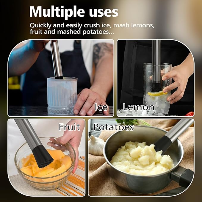 Ohtomber 8" Muddler for Cocktails, Stainless Steel Cocktail Drink Muddler Bartender Accessories, Lemon Smasher for Home Kitchen Bar Tools, Bartending Supply Ice Crusher for Mojitos Fruit Drinks