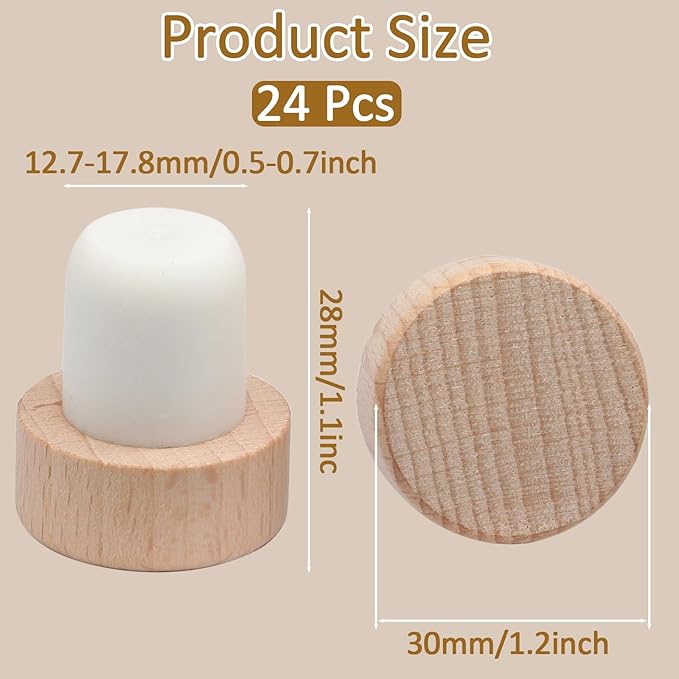 24 Pcs Wine Bottle Corks T-Shaped Stopper Corks, Reusable Wine Corks Wooden and Rubber Wine Stoppers for Wine, Beer Bottle and DIY Homemade Crafts