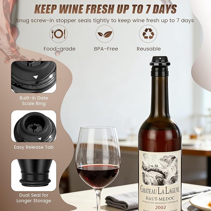 Wine Stopper, Wine Saver Vacuum Pump with 4 Reusable Stoppers, Wine Bottle Preserver & Sealer Keeps Fresh Longer, Ergonomic Handle, ideal Gift