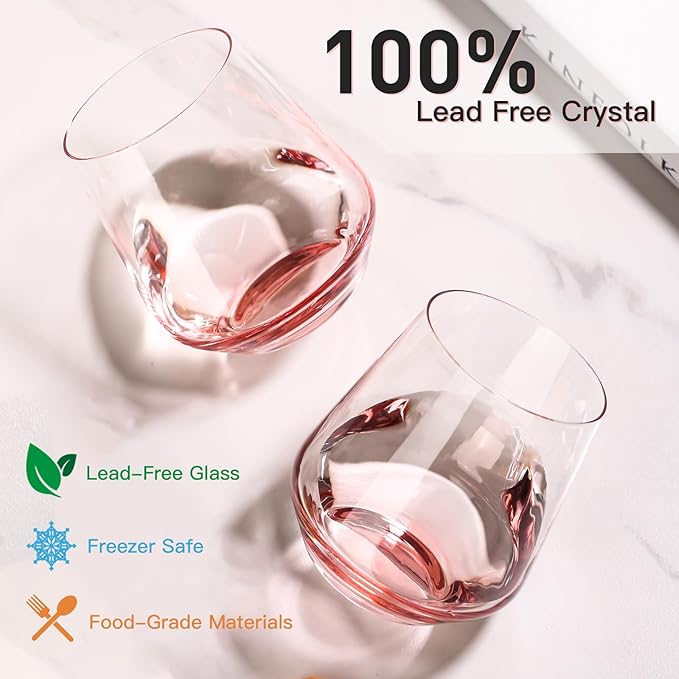 JOVGANK Pink Stemless Wine Glasses Set of 6 - Hand Blown White Red Stemless Wine Glass - 17 oz, [Lead-Free Crystal Glass] Large Short Glass Tumblers, Housewarming Gifts and Mother's Day Gift