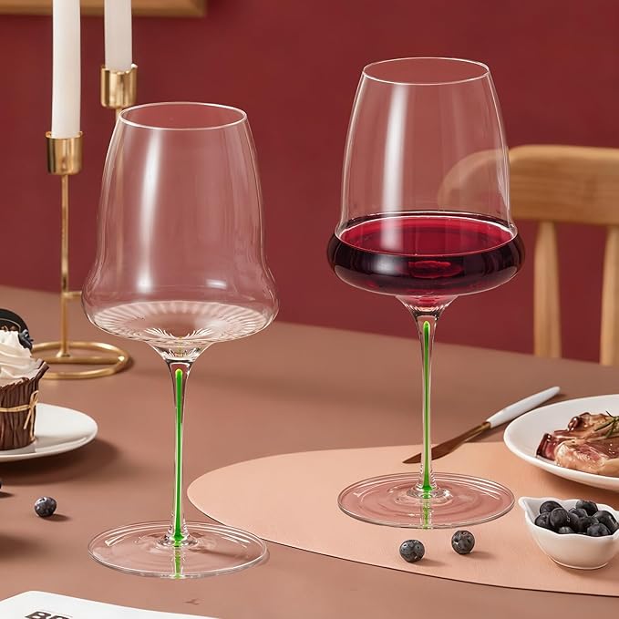KAMMAK Wine Glasses Set of 2, 24.69 oz Hand Blown Crystal Bordeaux Wine Glasses, Thin Rim & Long Stem, Perfect for Red & White, Daily Use, Wedding or Birthday Gift with Gift Box, Clouds Green