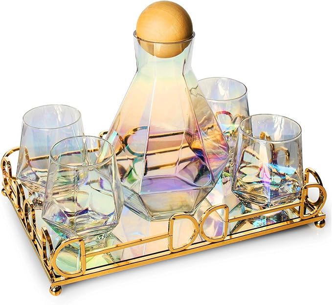 Iridescent Whiskey Decanter Diamond shaped With 4 Diamond Glasses & Mirrored Gold Tray Holder – 750ml Elegant Handcrafted Crafted Glass - Wine, Liquor, Scotch, Bourbon, Vodka, Tequila, Great Gift Idea