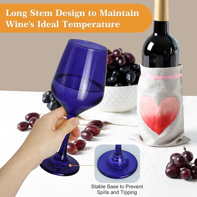 Purple Wine Glasses Set of 6, 14oz Stemmed Glasses, Thick & Colored, Dishwasher Safe Stemware for Red or White, Gift for Party, Holiday, Anniversary, Restaurant, Home Bar, Daily Use
