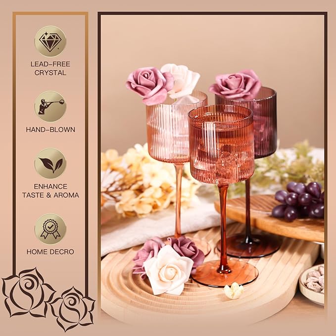 Melanin Colored Square Wine Glasses Set of 6, Elegant Ribbed Design Amber Crystal Glassware with Long Stem, 11.5oz Hand Blown Red & White Wine Stemware For Home Bar Deco,Party,Wine Dinner- Multicolour