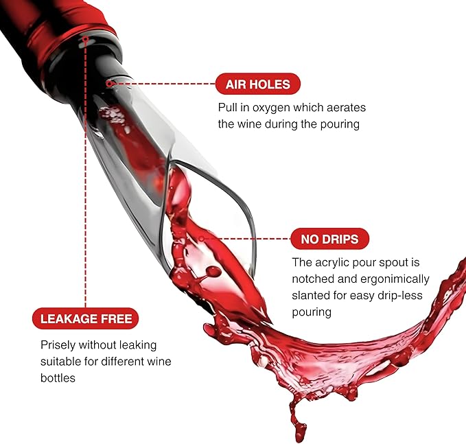 Wine Aerator Pourer + Vacuum Pump Stopper, 2-Piece Wine Saver Set, Drip-Free Pour Spout for Smoother Taste, Preserves Open Bottles, Gift-Ready Wine Accessories