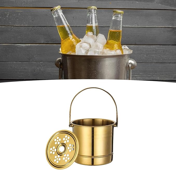 1L Ice Bucket, Metal Double Wall Ice Bucket with Filter Plate and Carrying Handle Stainless Steel Insulated Ice Bucket Golden for Cocktail Bar Wine Parties Champagne Bucket(14x13.8x12.5cm)