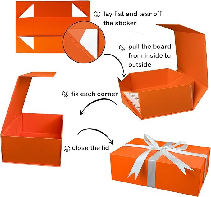YINUOYOUJIA Large Orange Gift Box with Lid,14"x9"x4.5" Magnetic Gift Boxes with Ribbon,Cards and Envelopes for Presents,Great for Wedding,Birthdays,Crafting,Gift Packaging.