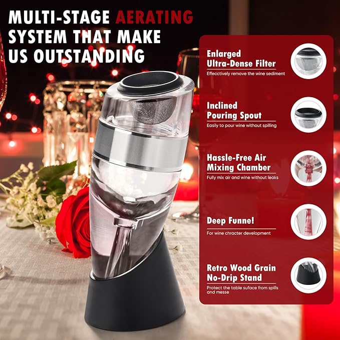 D&Slifei Wine Aerator Pourer and Decanter with Unique Aeration Device Quickly Enhances Wine Flavors with Smoother Finish,Best Gifts for Wine Lovers and Sommeliers.(Silvery)