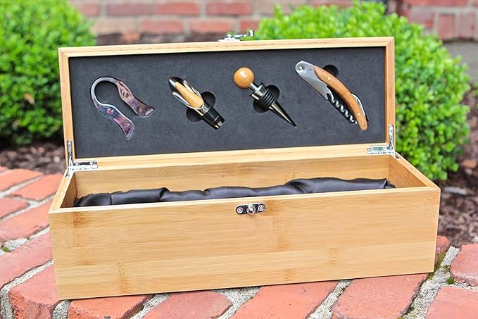 CASE ELEGANCE Premium Bamboo Wine Box Gift Set with Accessories - Luxury Single Bottle Wine Gift Box with Wine Opener, Bottle Opener & Wine Accessories, Wedding Gift Case with Tools