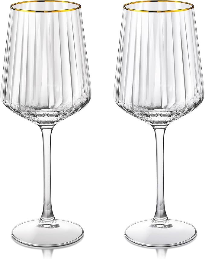 Joeyan Hand-Blown Crystal Wine Glasses for White and Red,Gold Rimmed Striped Drinking Glasses,Stemmed Wine Glass Tumbler Cup,Gifts for Wine Tasting Birthday Anniversary Wedding,19 oz,Set of 2