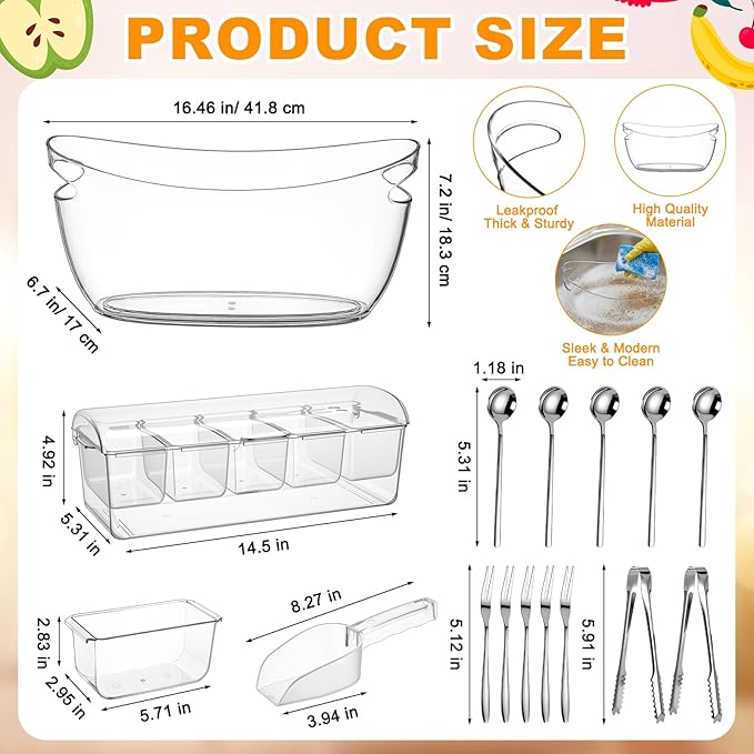 17 Pcs Mimosa Bar Supplies Include Clear Ice Bucket 5l Plastic Wine Tub with Scoops, Garnish Tray Ice Chilled Condiment Server Bar Caddy with Lid Forks Tong for Party Beverage Serving