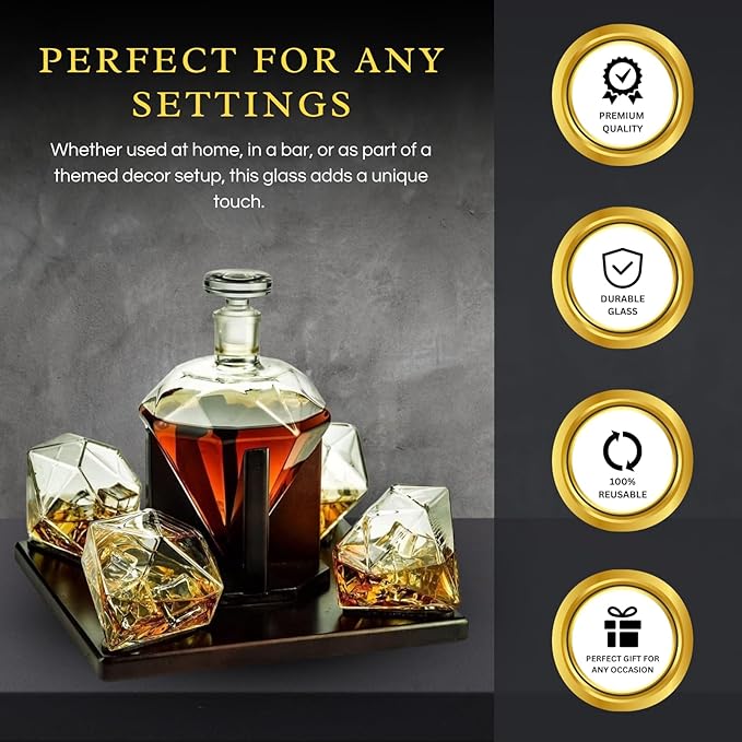 Luxury Diamond Whiskey Decanter Set with 4 Matching Glasses & Mahogany Wood Base - 750ml Hand-Blown Borosilicate Glass Liquor Dispenser for Bourbon & Scotch - Unique Home Bar Gift, Anniversaries Gifts