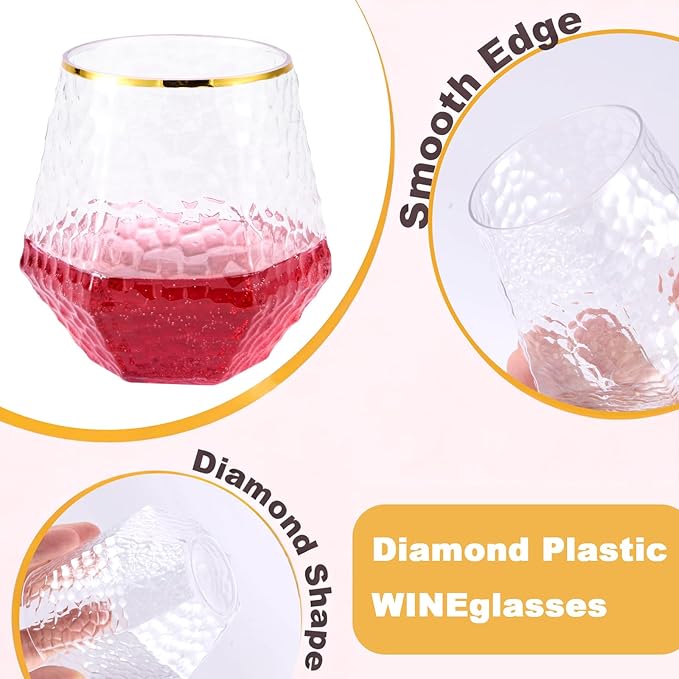 Goodluck 40 PCS Diamond Stemless Plastic Wine Glasses, 12 Oz Disposable Fancy Plastic Cups, Suitable for Weddings, Birthday Parties, Family Gatherings, Bars, etc （Hammered Gold rimmed cups）