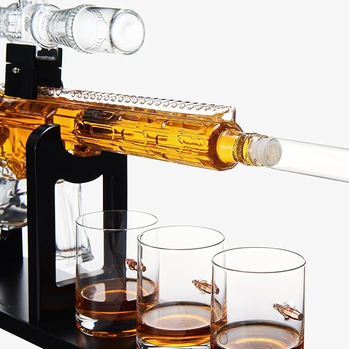 AR15 Whiskey Decanter Set – Limited Edition with Silencer Stopper 640ml Rifle Decanter & 4 Bullet Glasses (310ml) Handmade Gun Liquor Set, TikTok Bar Trend Unique Father’s Day Gift for Dad, Him, Men