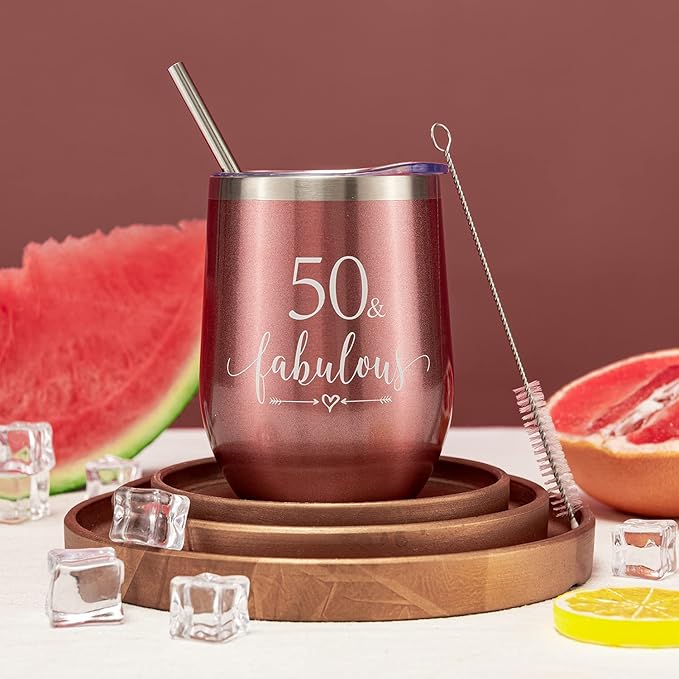 Crisky Rose Gold 50 & Fabulous Wine Tumbler for Women 50th Birthday Gifts for Women, Wife, Mom, Sister, Aunt, Friends, Coworker Her, Vacuum Insulated Coffee Cup,12oz with Box, Lid, Straw