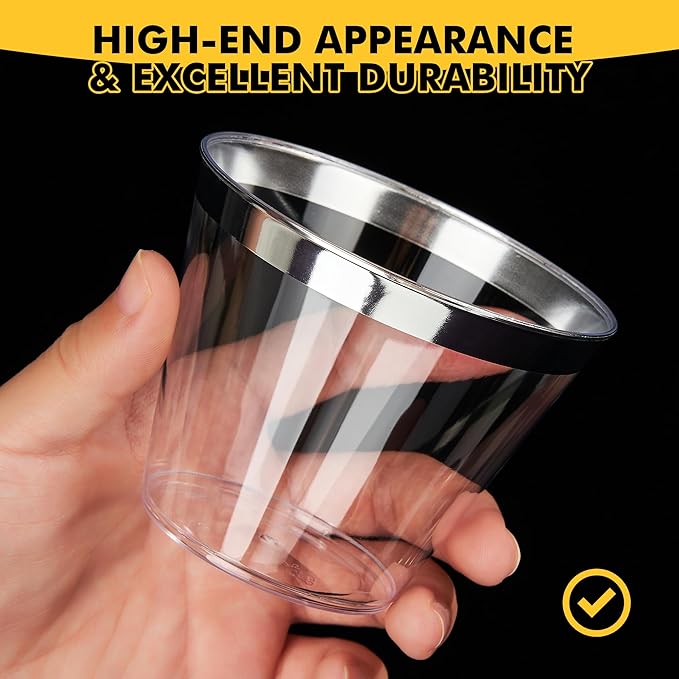 RACETOP 200 Pack 9 oz Silver Plastic Cups Tumbler, Disposable Cups with Silver Rim for Party, Heavy-duty Clear Plastic Wine Glasses, Disposable Wedding Cups