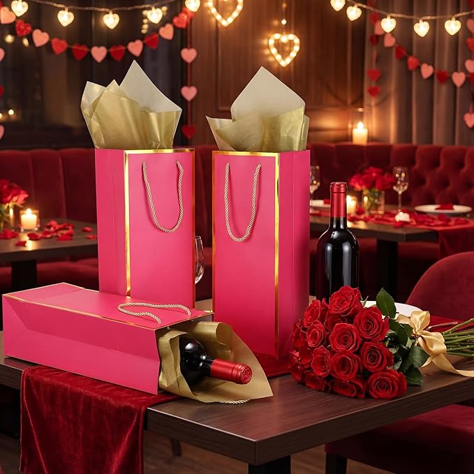 TaoBary 30 Pcs Wine Gift Bags and Gold Wrapping Paper Set Wine Bags for Bottle Bulk 4 x 5 x 13 Inch Champagne Gift Paper Sack with Handles for Valentines Galentines Day Wedding Party Anniversary