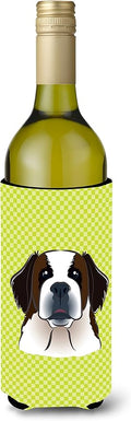 Caroline's Treasures BB1308LITERK Checkerboard Lime Green Saint Bernard Wine Bottle Hugger Bottle Cooler Sleeve Hugger Machine Washable Collapsible Insulator Beverage Insulated Holder