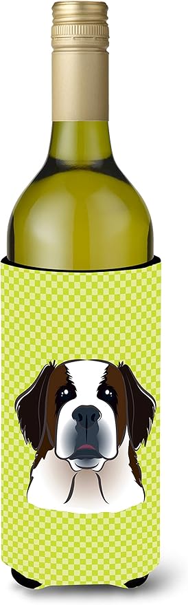 Caroline's Treasures BB1308LITERK Checkerboard Lime Green Saint Bernard Wine Bottle Hugger Bottle Cooler Sleeve Hugger Machine Washable Collapsible Insulator Beverage Insulated Holder