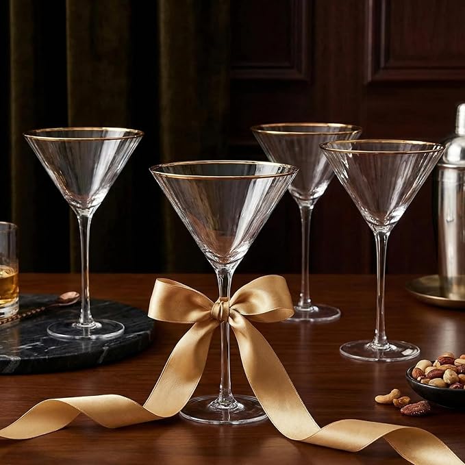 Gold Rim Martini Glasses - Set of 4-10 oz, 24K Gilded Classic Vintage Glasses For Martinis, Cocktails, Champagne, Water & Wine - Hand Blown Classic Coupes Gilded Rimed, Crystal Coupe with Long Stems