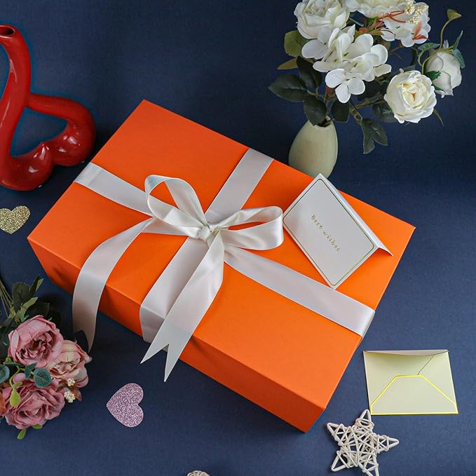YINUOYOUJIA Large Orange Gift Box with Lid,14"x9"x4.5" Magnetic Gift Boxes with Ribbon,Cards and Envelopes for Presents,Great for Wedding,Birthdays,Crafting,Gift Packaging.