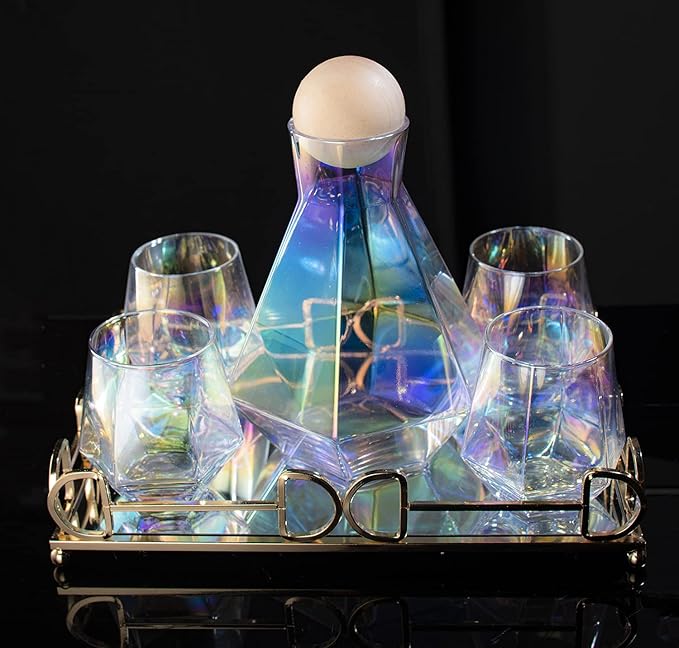 Iridescent Whiskey Decanter Diamond shaped With 4 Diamond Glasses & Mirrored Gold Tray Holder – 750ml Elegant Handcrafted Crafted Glass - Wine, Liquor, Scotch, Bourbon, Vodka, Tequila, Great Gift Idea