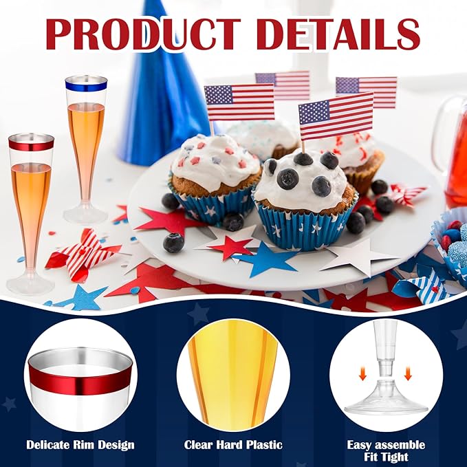 Jingmore 36 Pcs Plastic Champagne Flutes 4.5 oz Clear Disposable Wine Glasses Cocktail Cup Champagne Glass for Wedding Graduation Summer Party Favor Mimosa Bar Supplies (Blue,Red)