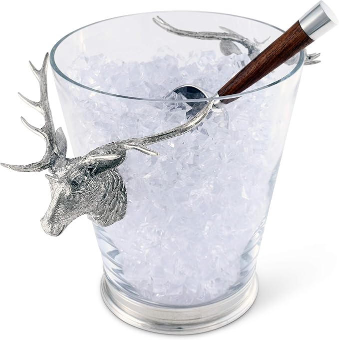 Vagabond House Glass Ice/Wine Bucket with Pewter Deer Head Handles Artisan Designed Handcrafted for Refined Cabin Lodge Mountain Entertaining Heirloom Quality 12 inch Tall