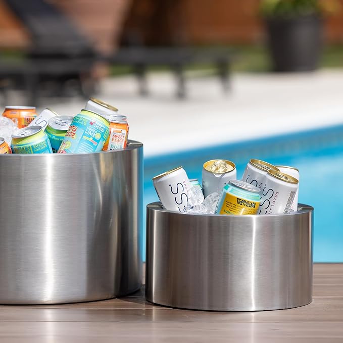Service Ideas PT7BS Double Wall Party Tub, Beverage and Wine Chiller Ice Bucket, Round, Stainless Steel, 7 Gallon, Brushed