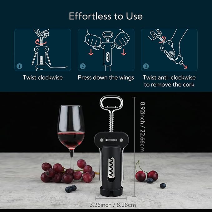 KITCHENDAO 3 in 1 Wing Corkscrew Wine Bottle Opener with Foil Cutter, Built-in Beer Bottle Opener, Multifunctional Wine Opener with Non-Stick Sharp Screw, Easy to Use, Manual Wine Corkscrew, Black