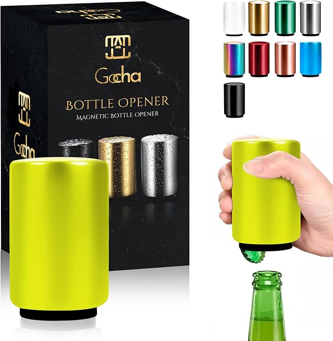 GOCHA | Magnetic Beer Bottle Opener with Automatic Cap Catcher – Stainless Steel Push-Down Gadget, One-Hand Bar Tool for Beer & Soda Bottles (Yellow)