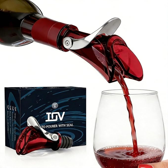IOV Wine Pour Spout, Upgraded Sealing Liquor Bottle Pourers, Auto Flip Olive Oil Dispenser Spout, Pourer with Dust Caps for Alcohol, Vinegar and Syrup, No-Drip Wine accessories, Red
