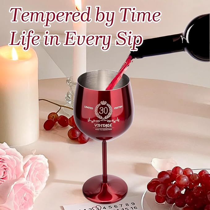 30th Birthday Gifts Wine Glass for Her Women, Stainless Steel Metal Unbreakable Decoration Glasses Red Cup 17oz with Vintage Print-Unique 30 Year Old Present for Mom Wife Sister Friend